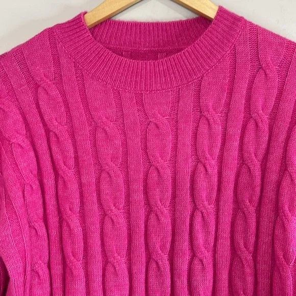 Shein Fuchsia Pink Cable Knit Sweater Crewneck Long Sleeve Size L 8/10 - Picture 3 of 11